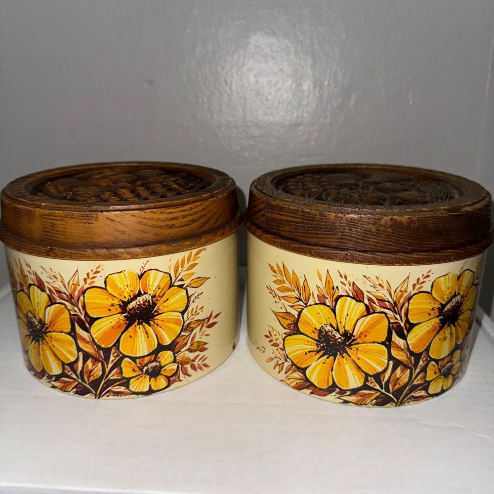 Vintage Cheinco yellow floral‎ flower kitchen tin metal canisters set of 2